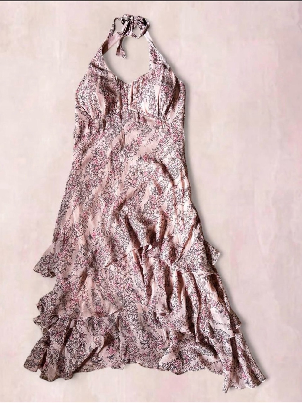 100% Silk Exterior Signature by Sangria Pink Fairy Floral  Halter Maxi Dress